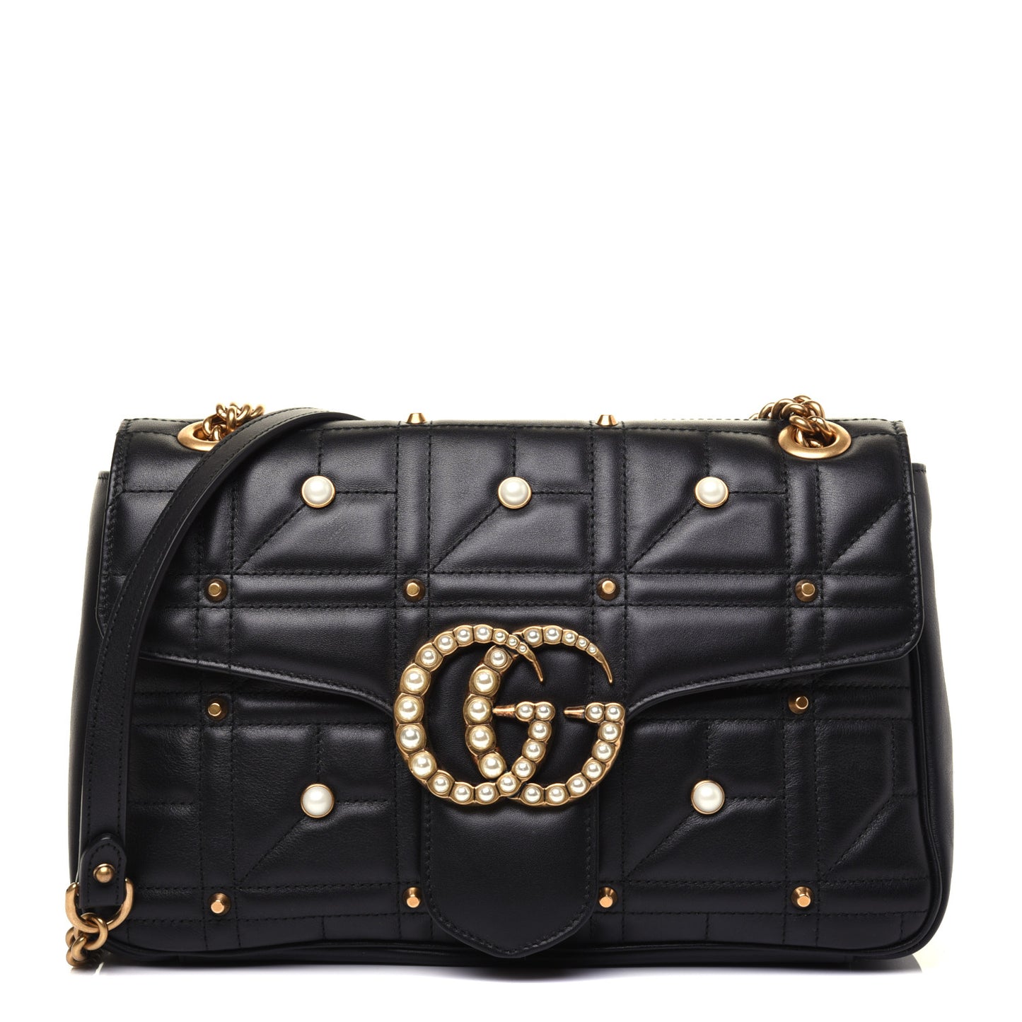 Calfskin Matelasse Studded Medium Pearly GG Marmont Shoulder Bag Black