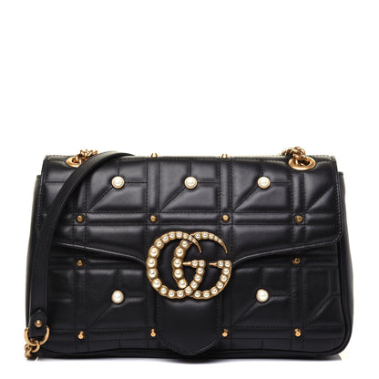 Gucci Calfskin Matelasse Studded Medium Pearly GG Marmont Shoulder Bag Black 1 of 15