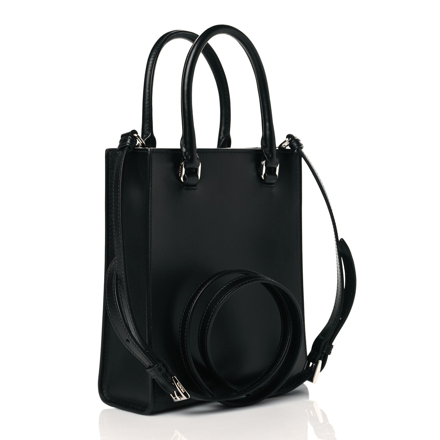 Soft Calfskin Triangle Logo Embossed Small Double Handle Crossbody Tote Black