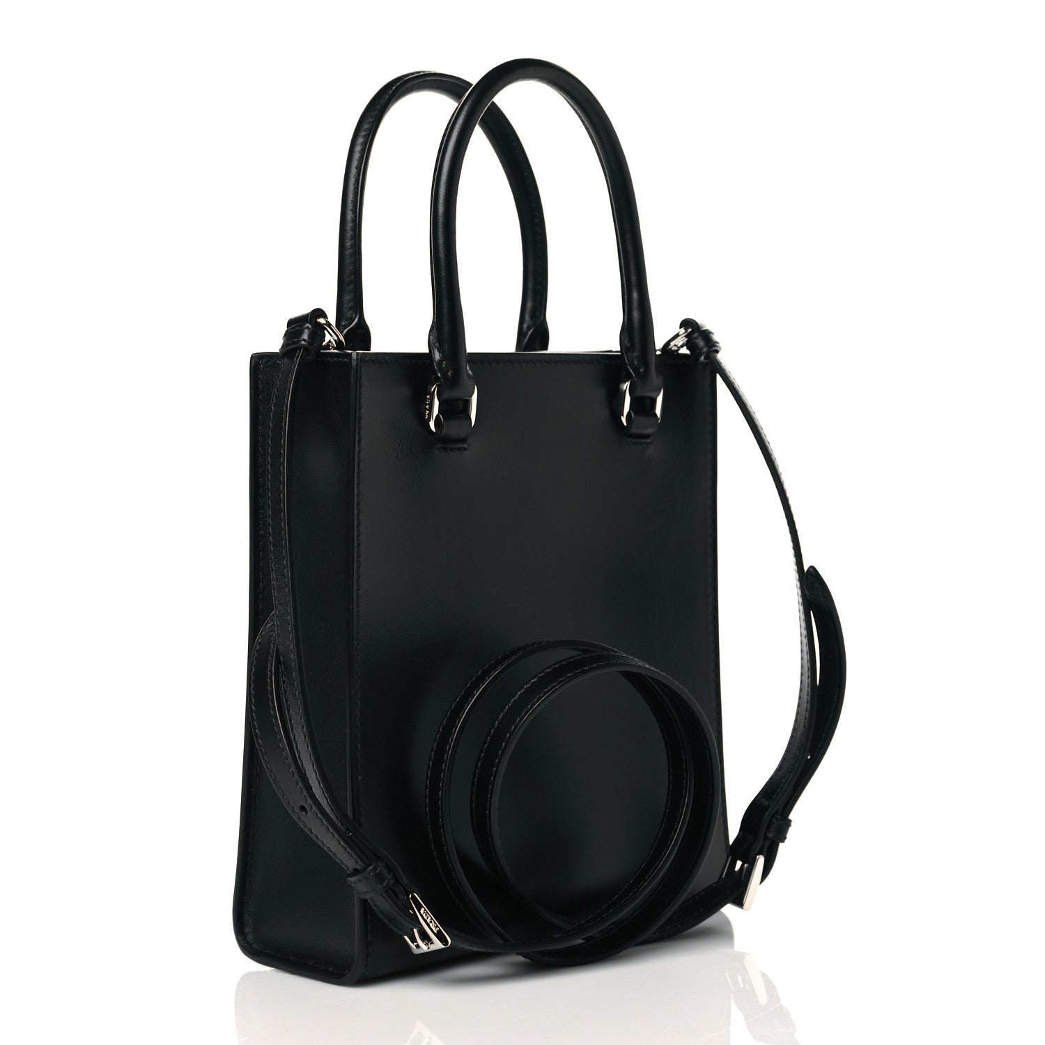 Prada Soft Calfskin Triangle Logo Embossed Small Double Handle Crossbody Tote Black 3 of 9