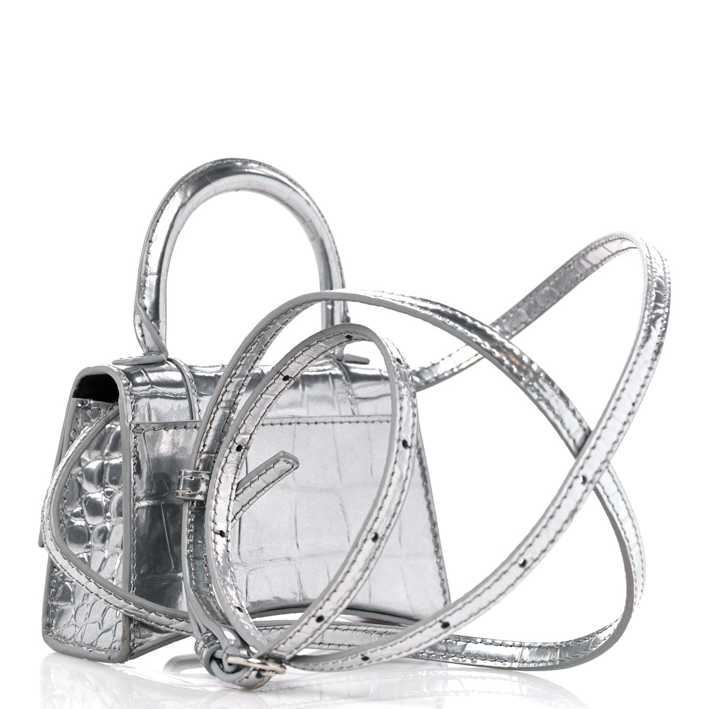 Metallic Calfskin Crocodile Embossed Hourglass Top Handle Bag Mini Silver