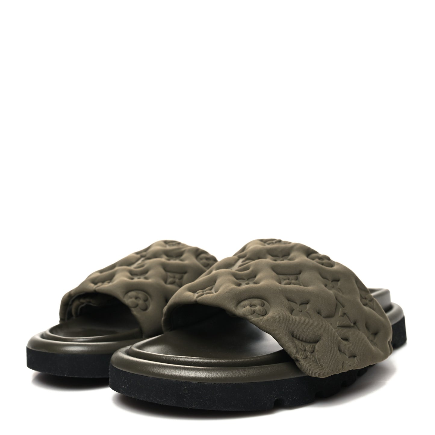 Technical Fabric Embossed Monogram Pool Pillow Comfort Mules 38 Khaki