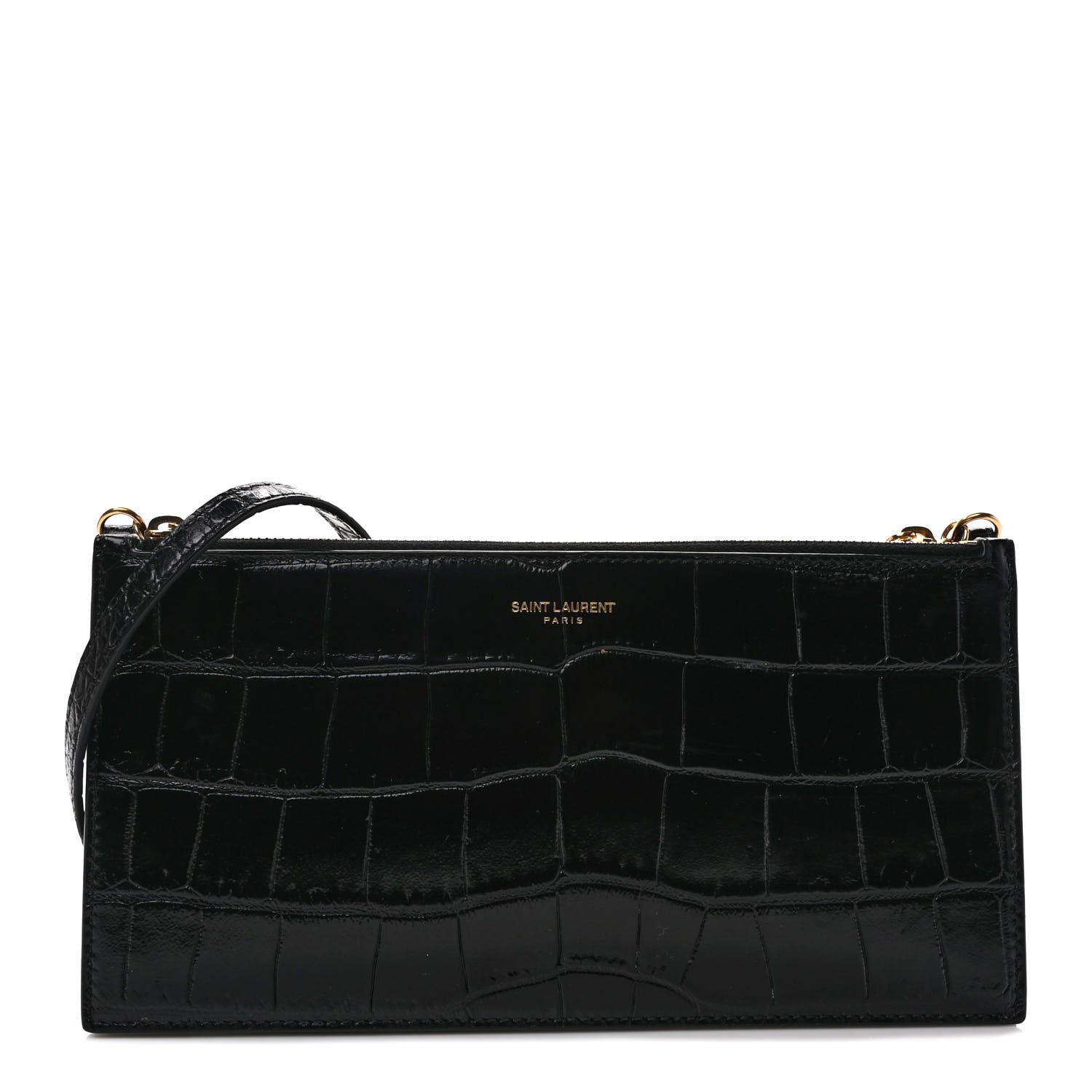 Saint Laurent Calfskin Crocodile Embossed Double Pouch On Chain Black 1 of 9