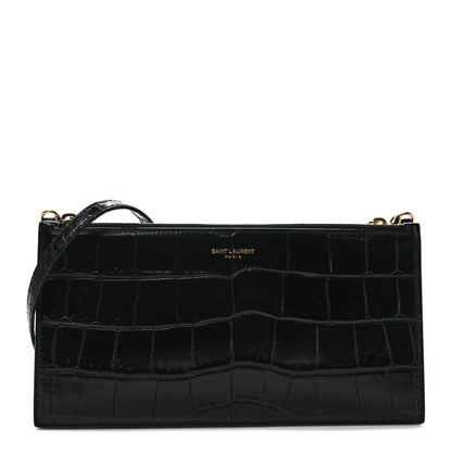 Saint Laurent Calfskin Crocodile Embossed Double Pouch On Chain Black 1 of 9
