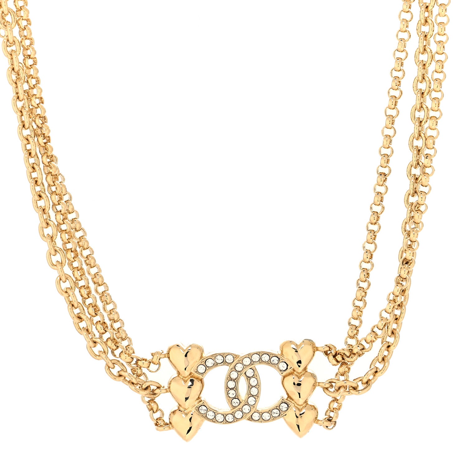 Chanel Crystal CC Heart Link Multi Strand Choker Necklace Gold 1 of 5