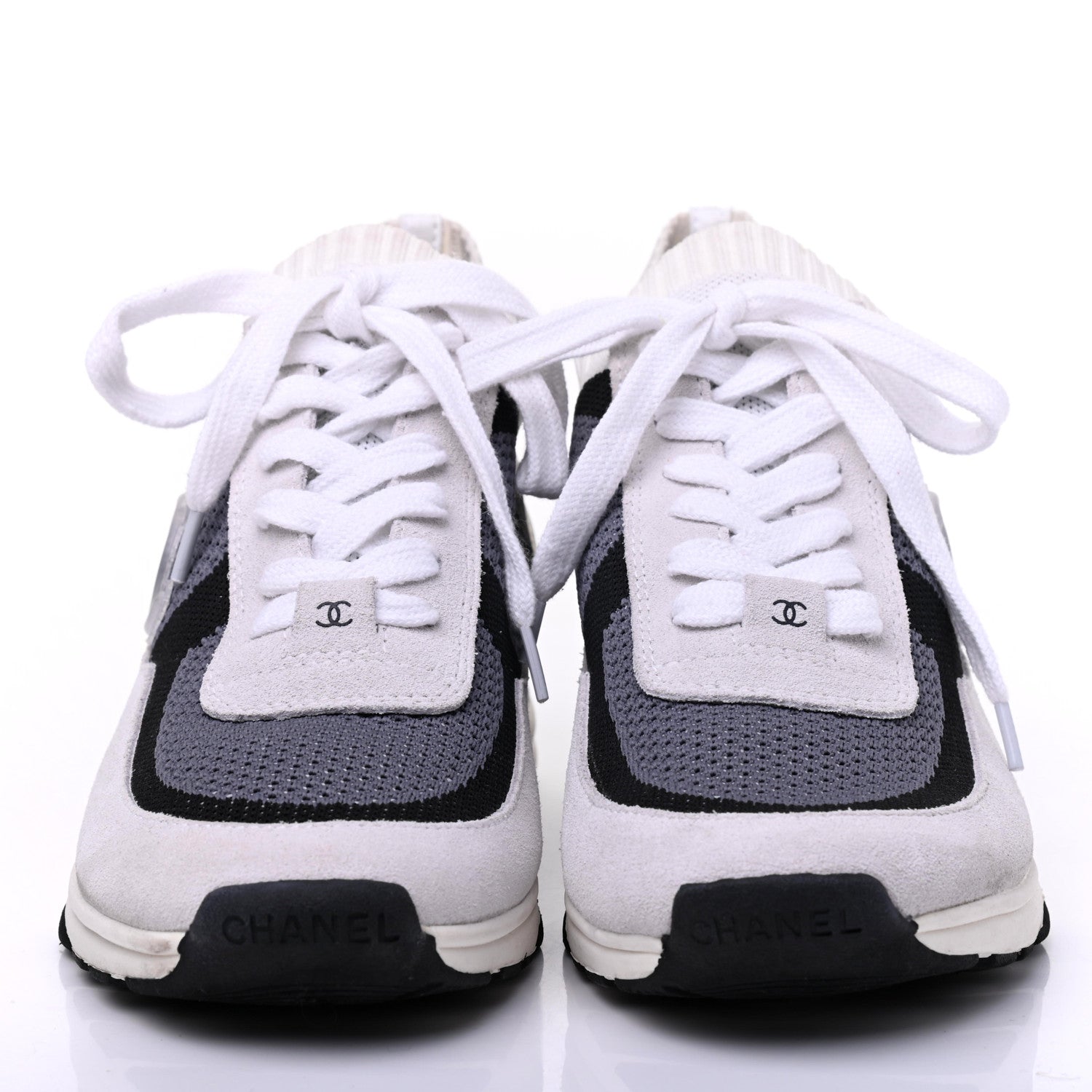 Chanel Fabric Suede Calfskin Stretch CC Sneakers 38 Beige Black 2 of 19