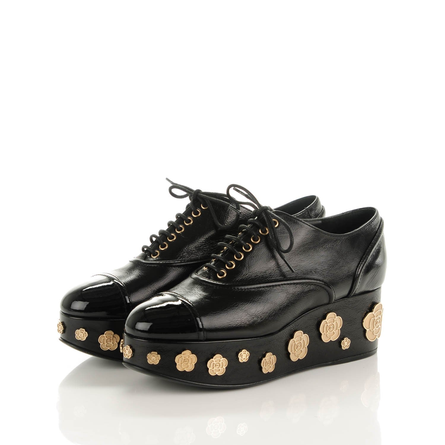 Chanel Crumpled Calfskin Lace Up Platform Oxford 38.5 Black 3 of 7