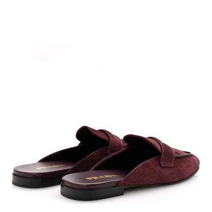 Prada Suede Metal Triangle Logo 10mm Loafer Mules 38.5 Bordeaux 5 of 9
