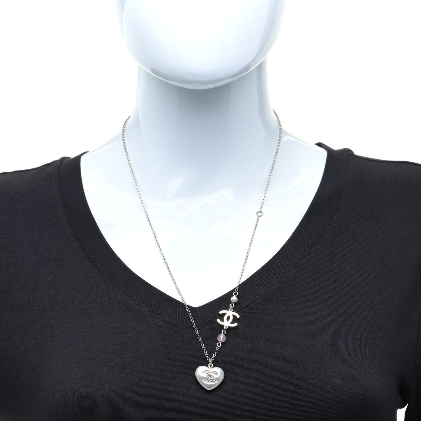 Resin Crystal CC Heart Necklace Pearly White Gold