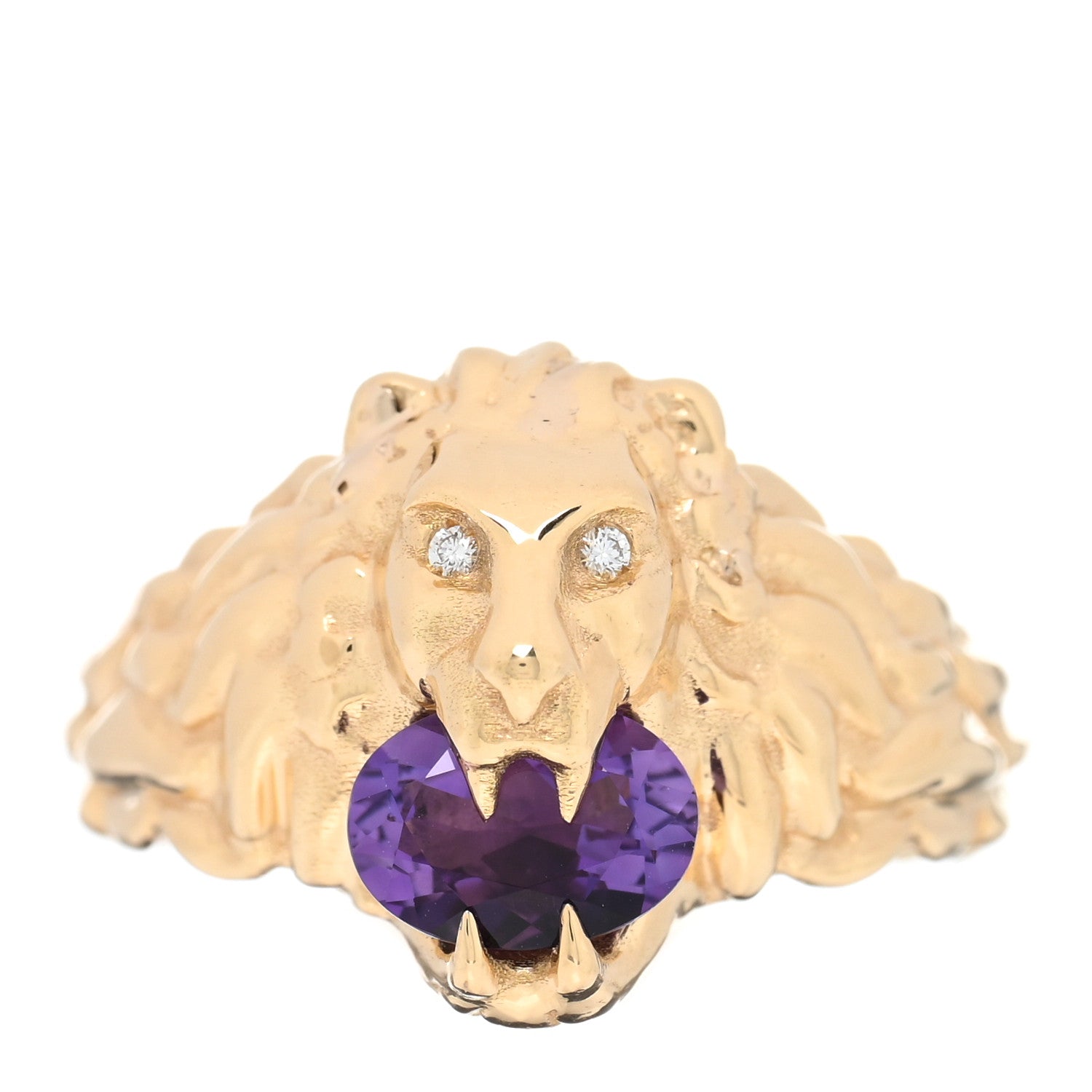 Gucci 18K Yellow Gold Diamond Amethyst Lion Head Ring 50 5.25 1 of 4