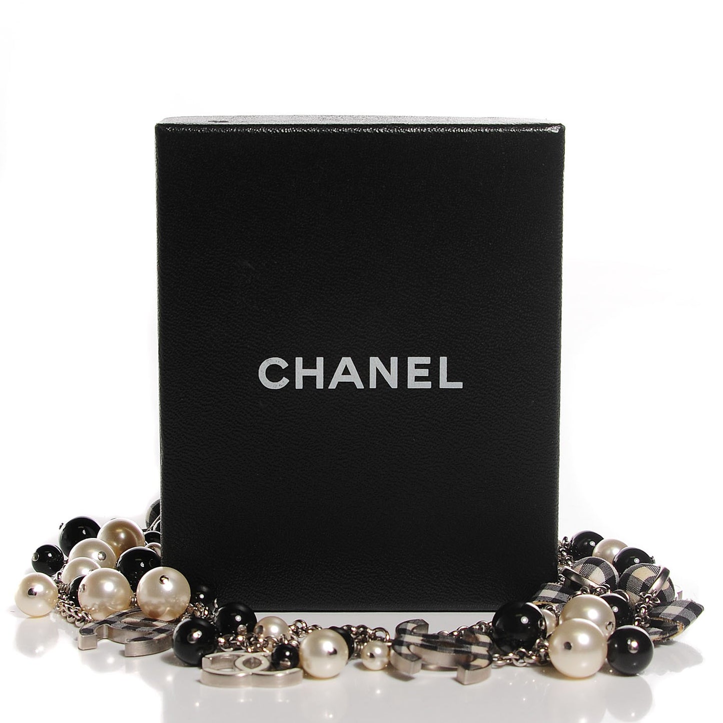 Pearl Beaded Gingham CC Long Necklace Black