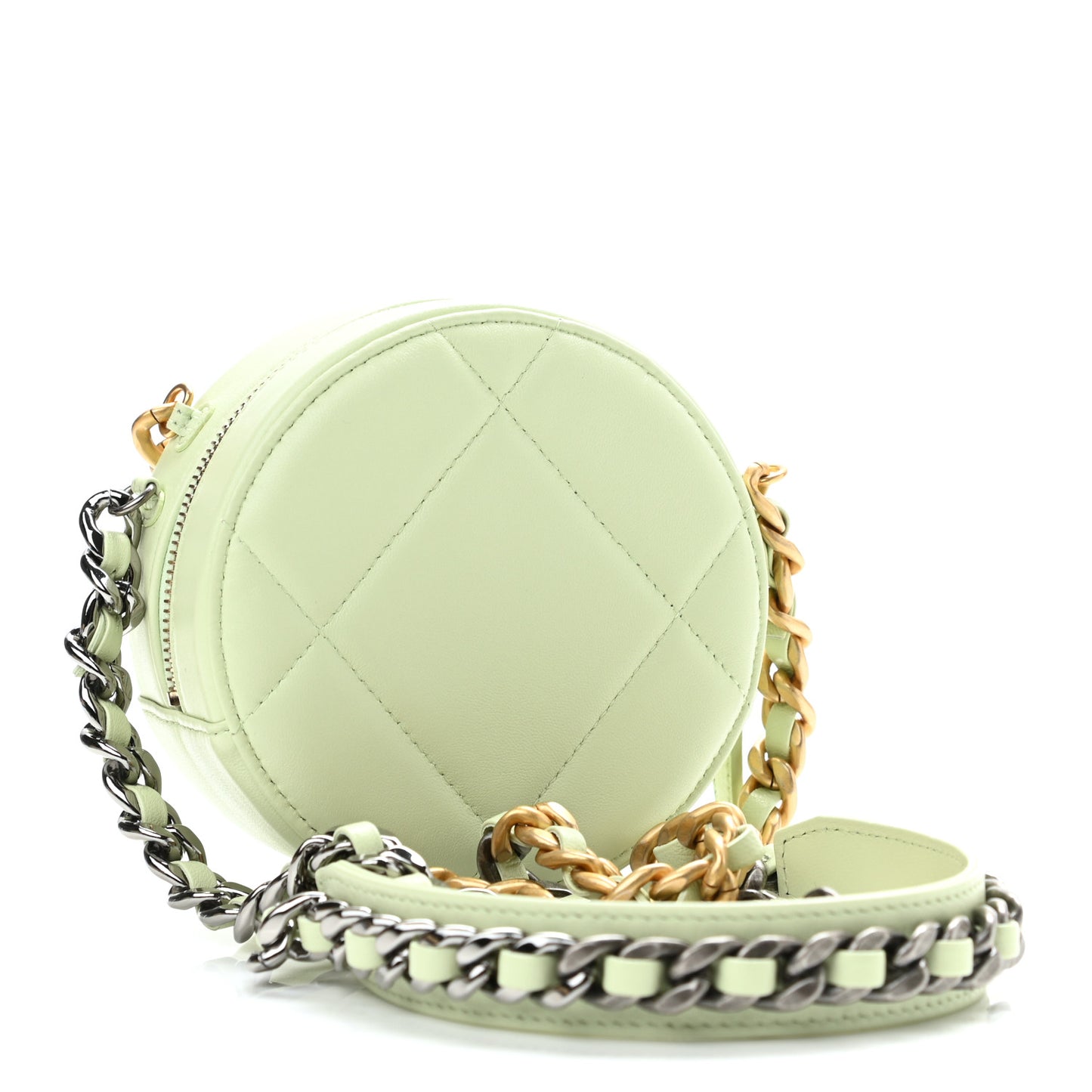 Lambskin Quilted Chanel 19 Round Clutch With Chain Light Green