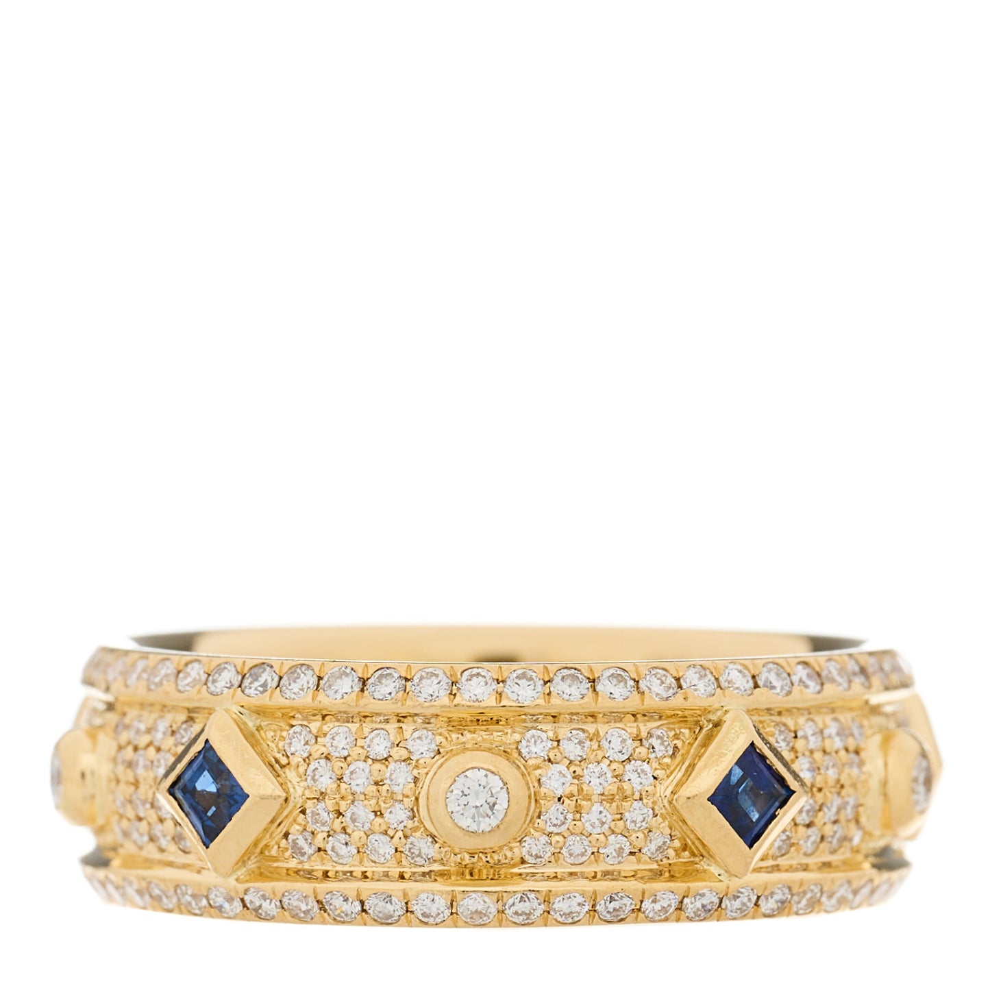 18K Yellow Gold Diamond Blue Sapphire Modern Renaissance Full Pave Ring 55 7.25