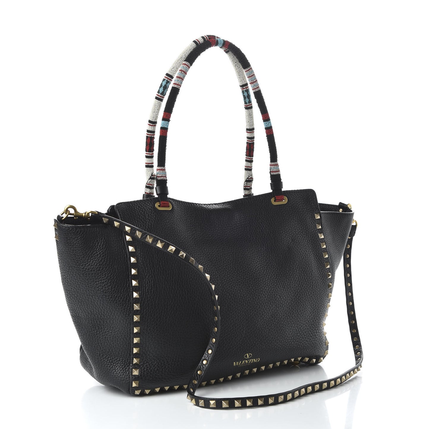 Pebbled Calfskin Beaded Medium Rockstud Tote Black