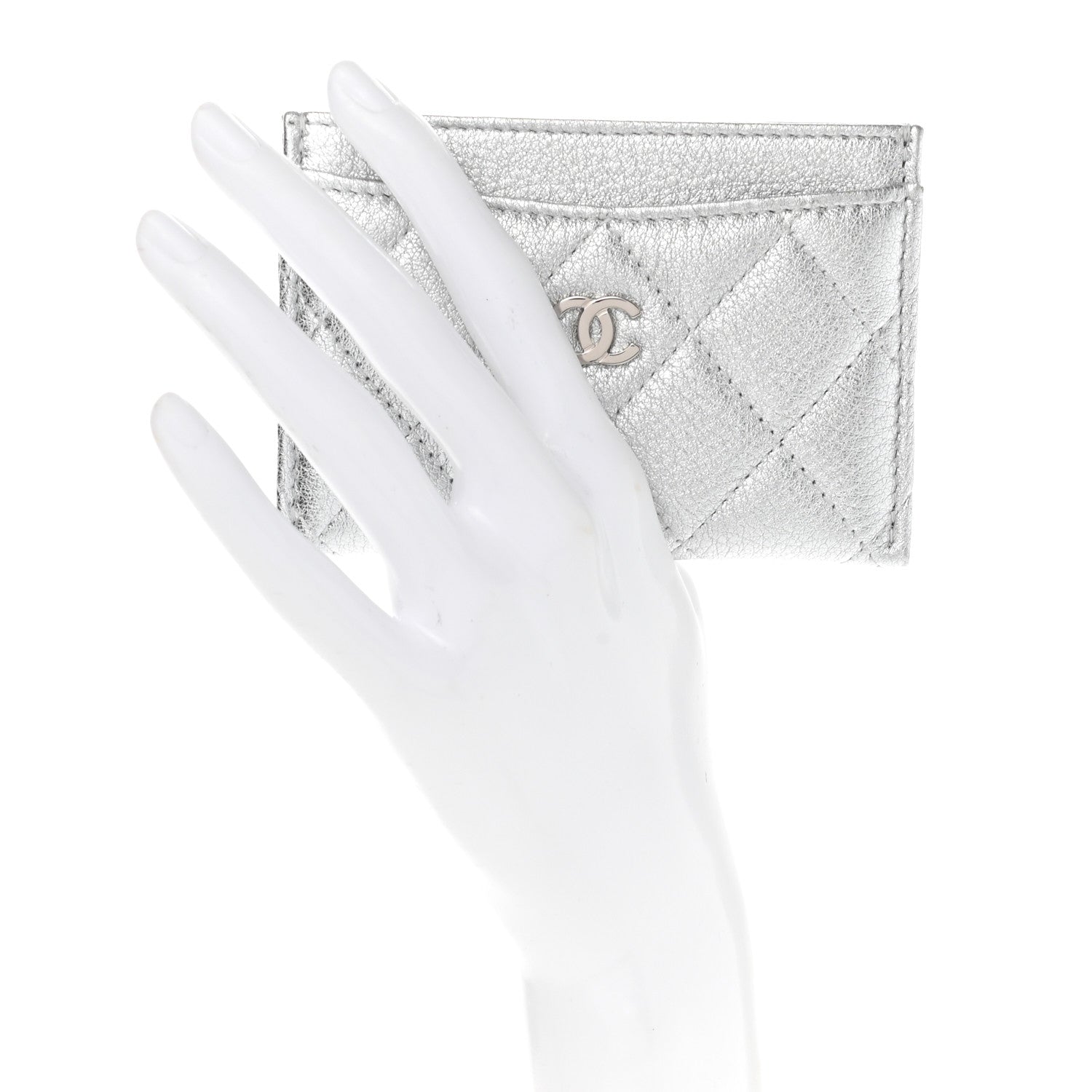 Chanel Metallic Goatskin Quilted CC Card Holder Silver 2 of 9
