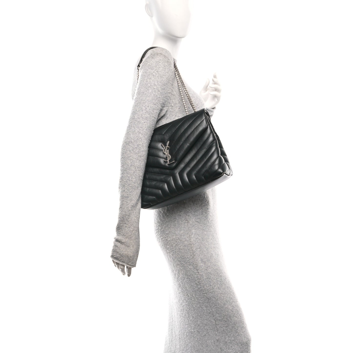 Calfskin Y Quilted Monogram Medium Loulou Chain Satchel Black