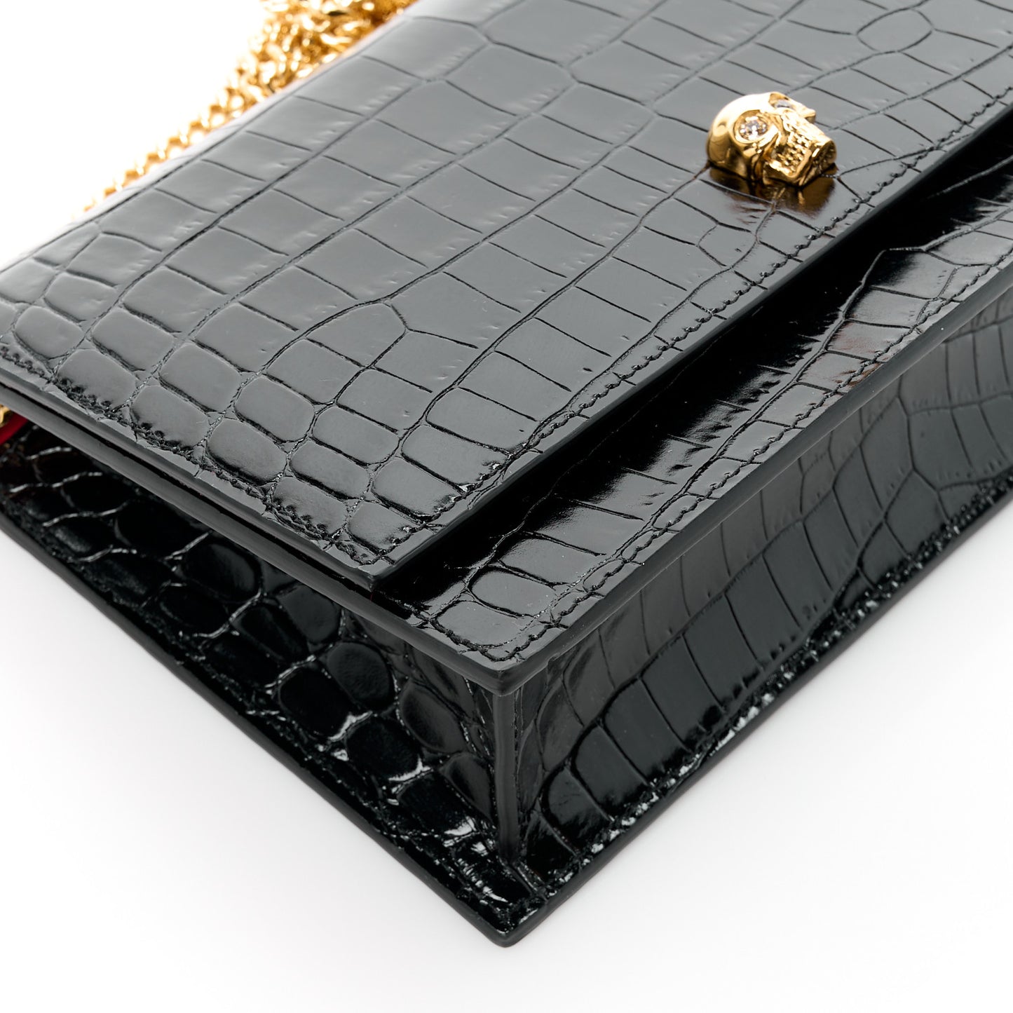 Calfskin Crocodile Embossed Skull Medium Shoulder Bag Black