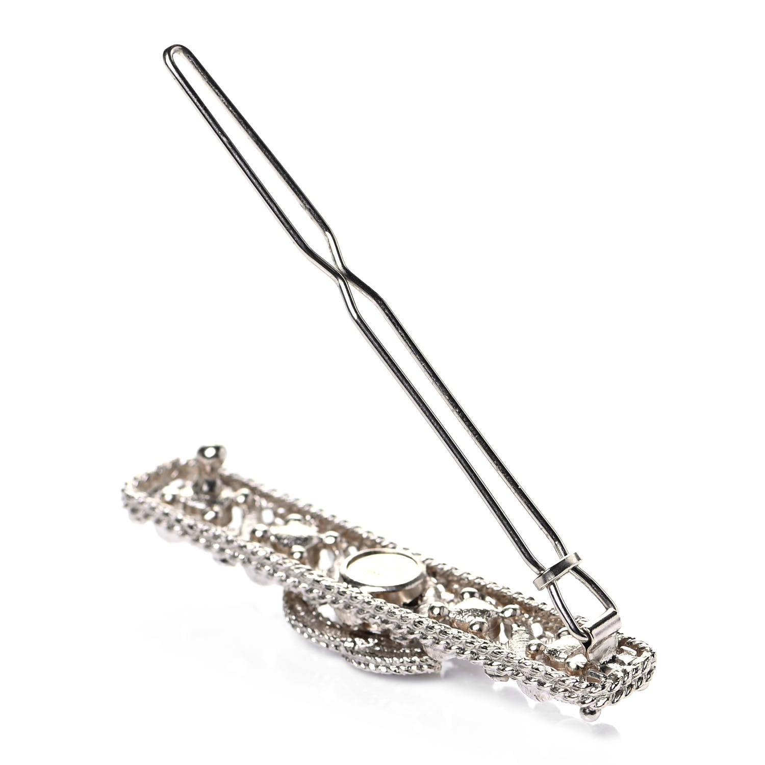 Chanel Pearl Crystal CC Hair Clip Barrette Silver 3 of 4