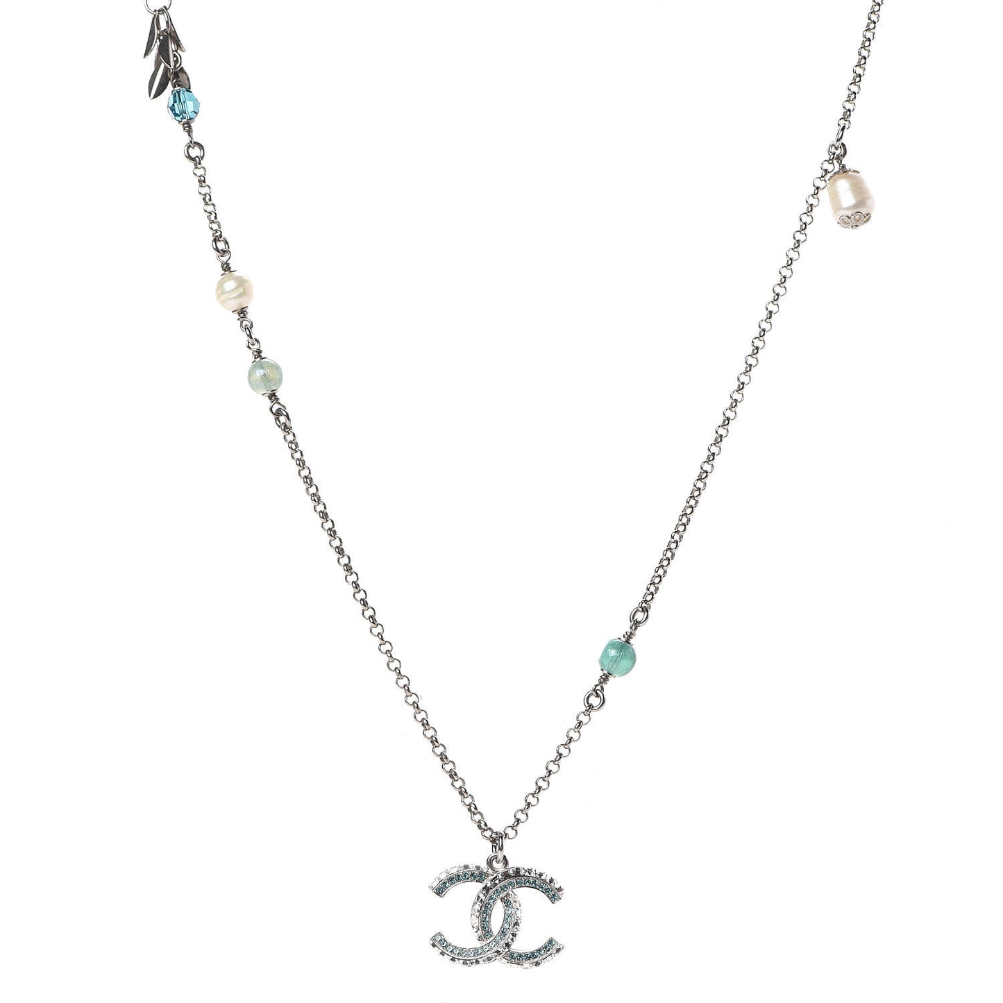 Crystal Pearl Bead CC Necklace Silver Green Blue