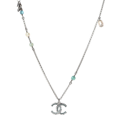 Chanel Crystal Pearl Bead CC Necklace Silver Green Blue 1 of 7