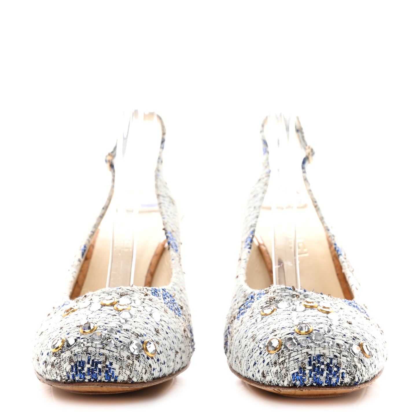 Tweed Crystal Cork CC Slingback Pumps 40 White Blue