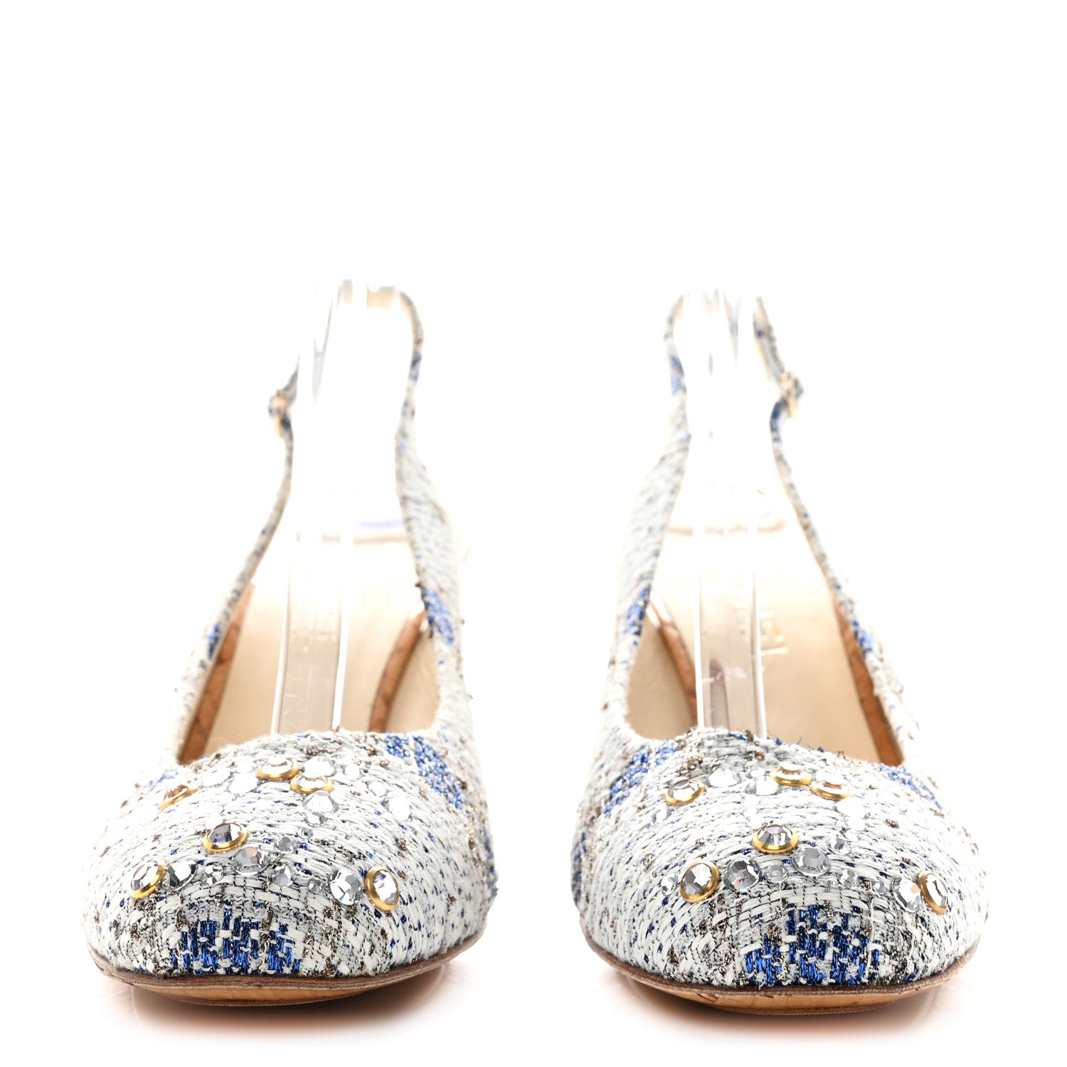 Chanel Tweed Crystal Cork CC Slingback Pumps 40 White Blue 2 of 9