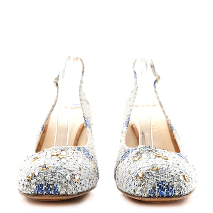 Chanel Tweed Crystal Cork CC Slingback Pumps 40 White Blue 2 of 9