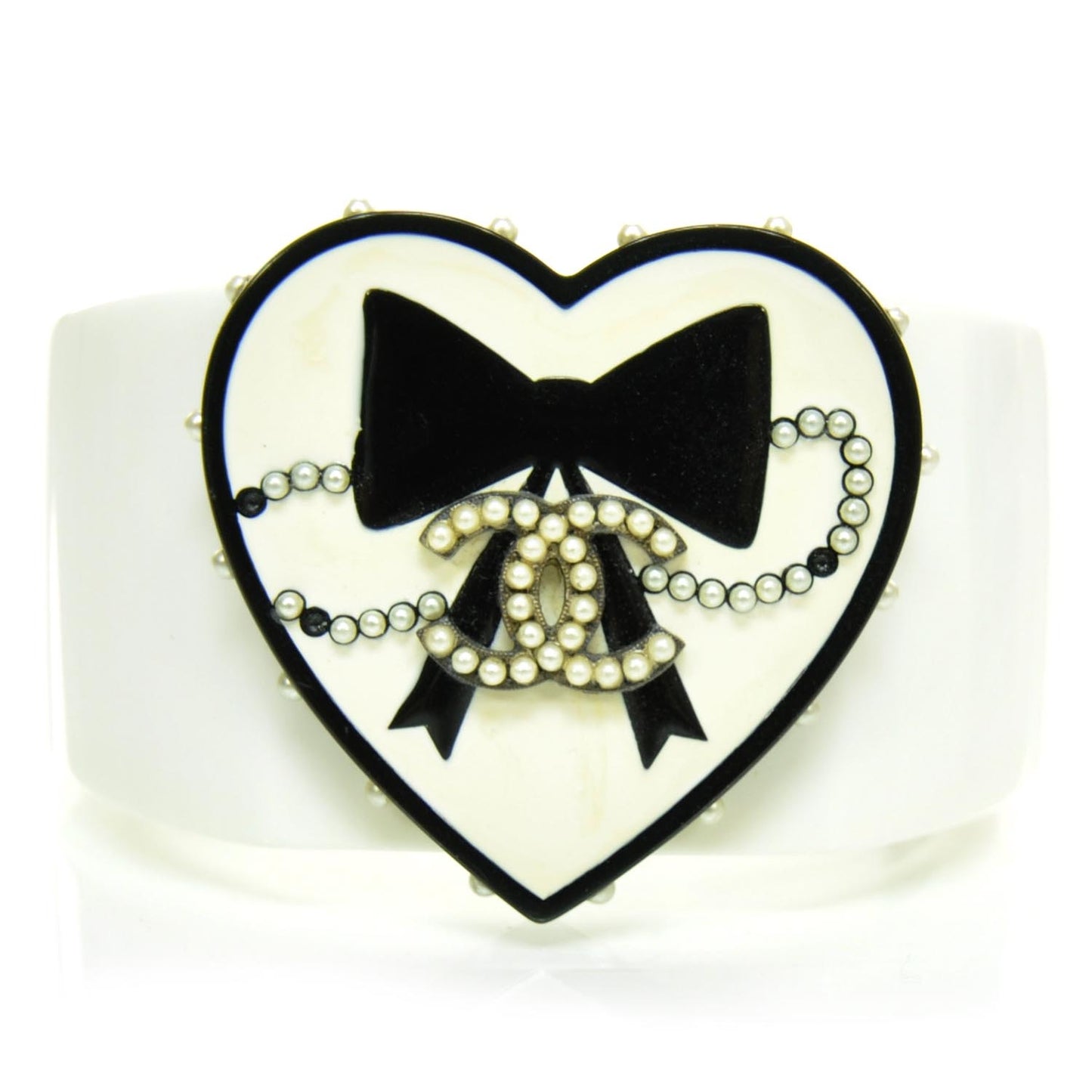 Resin CC Pearl Heart Wide Bracelet White
