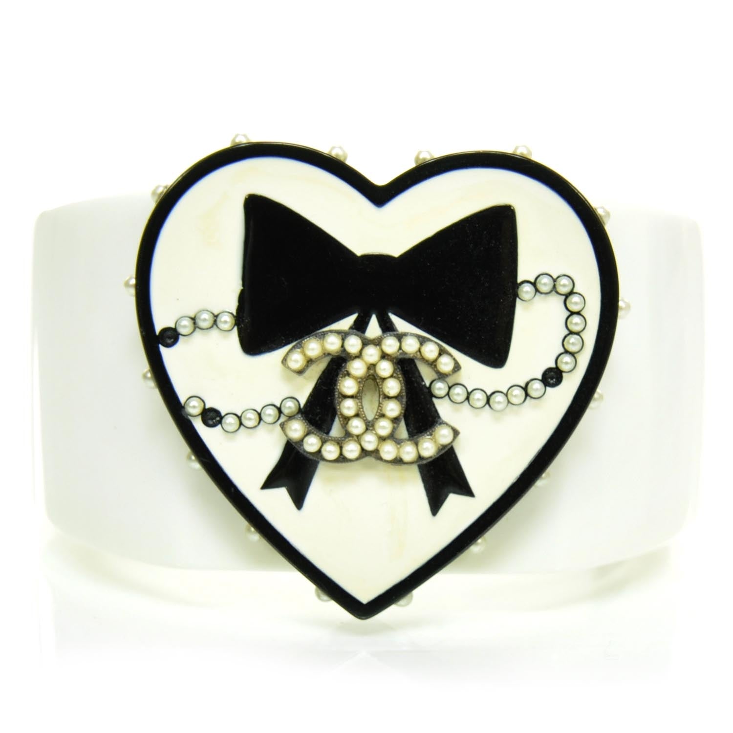 Chanel Resin CC Pearl Heart Wide Bracelet White 1 of 5
