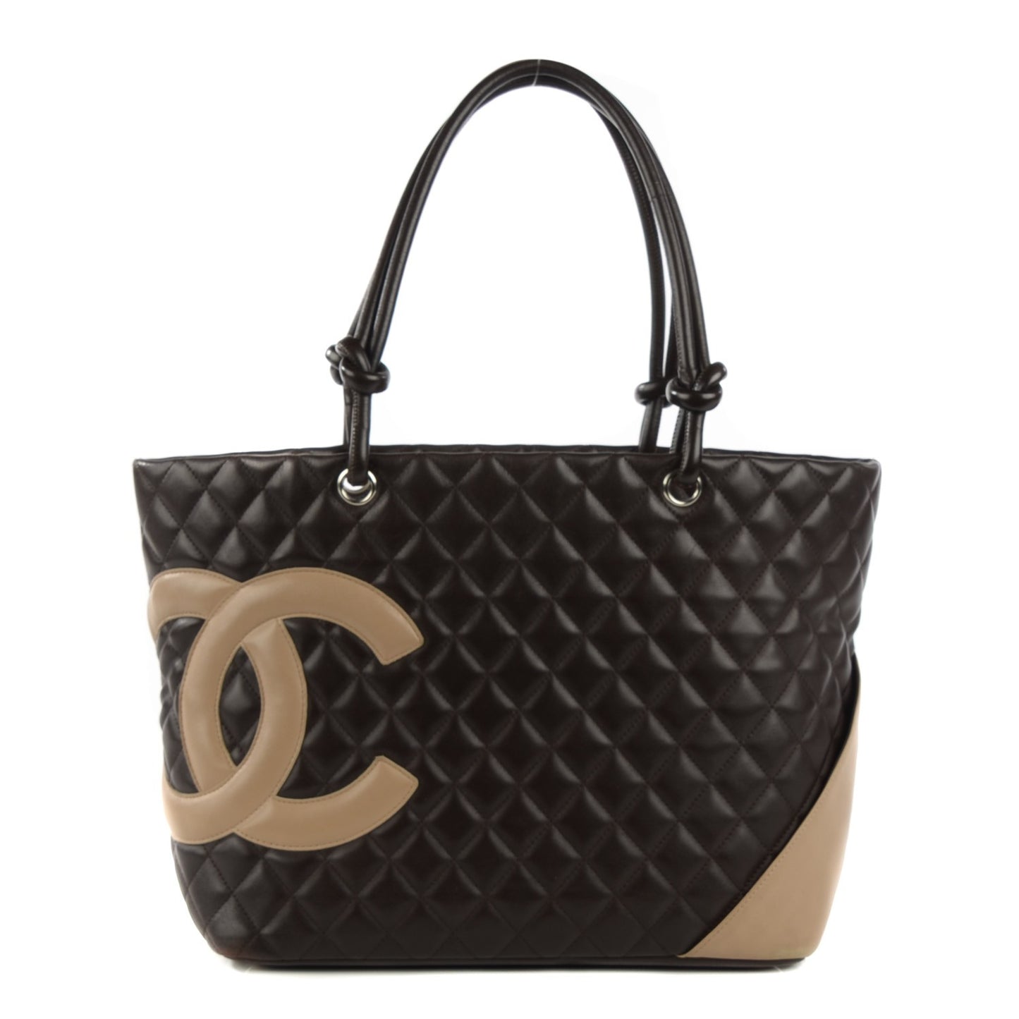 Calfskin Quilted Large Cambon Tote Brown Beige