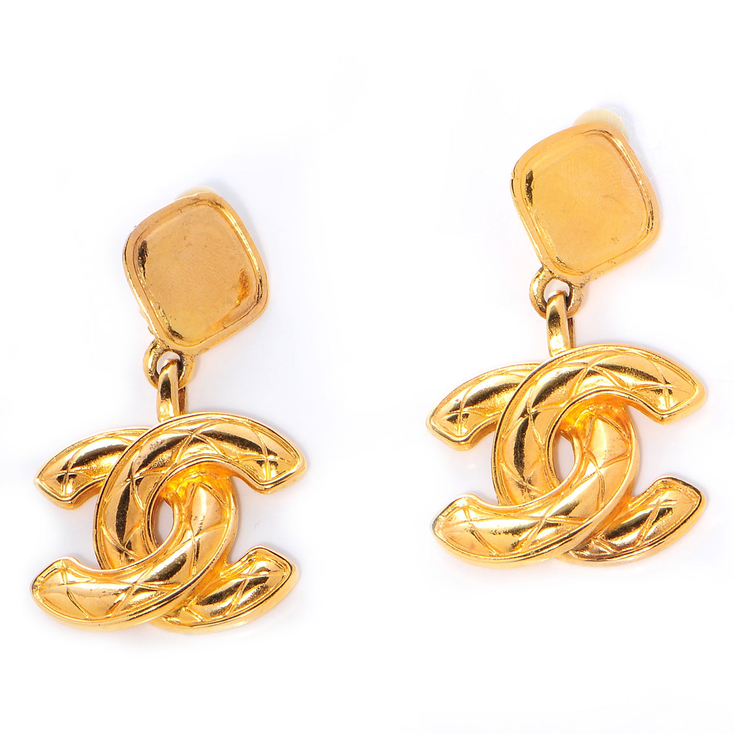 Chanel CC Quilted Clip On Drop Earrings Gold 1 of 4