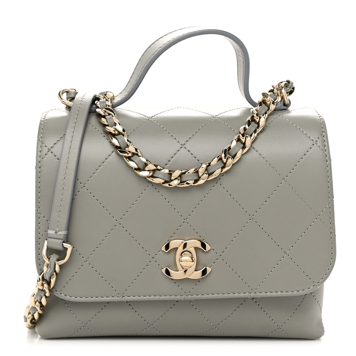 Calfskin Quilted Small Double Pocket Top Handle Flap Grey