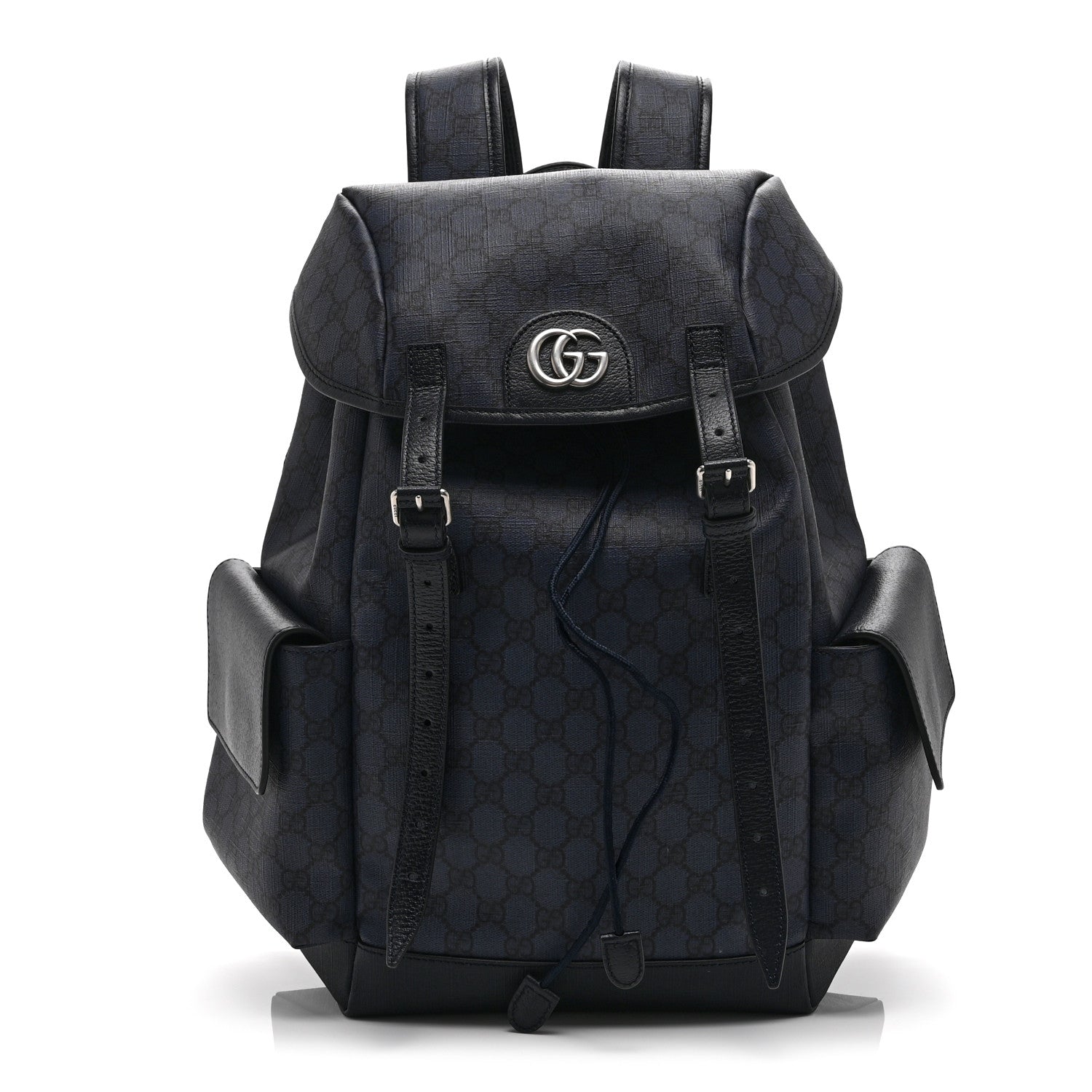 Gucci GG Supreme Monogram Textured Dollar Calfskin Medium Ophidia Double Buckle Backpack Blue Dark Blue Black 1 of 10
