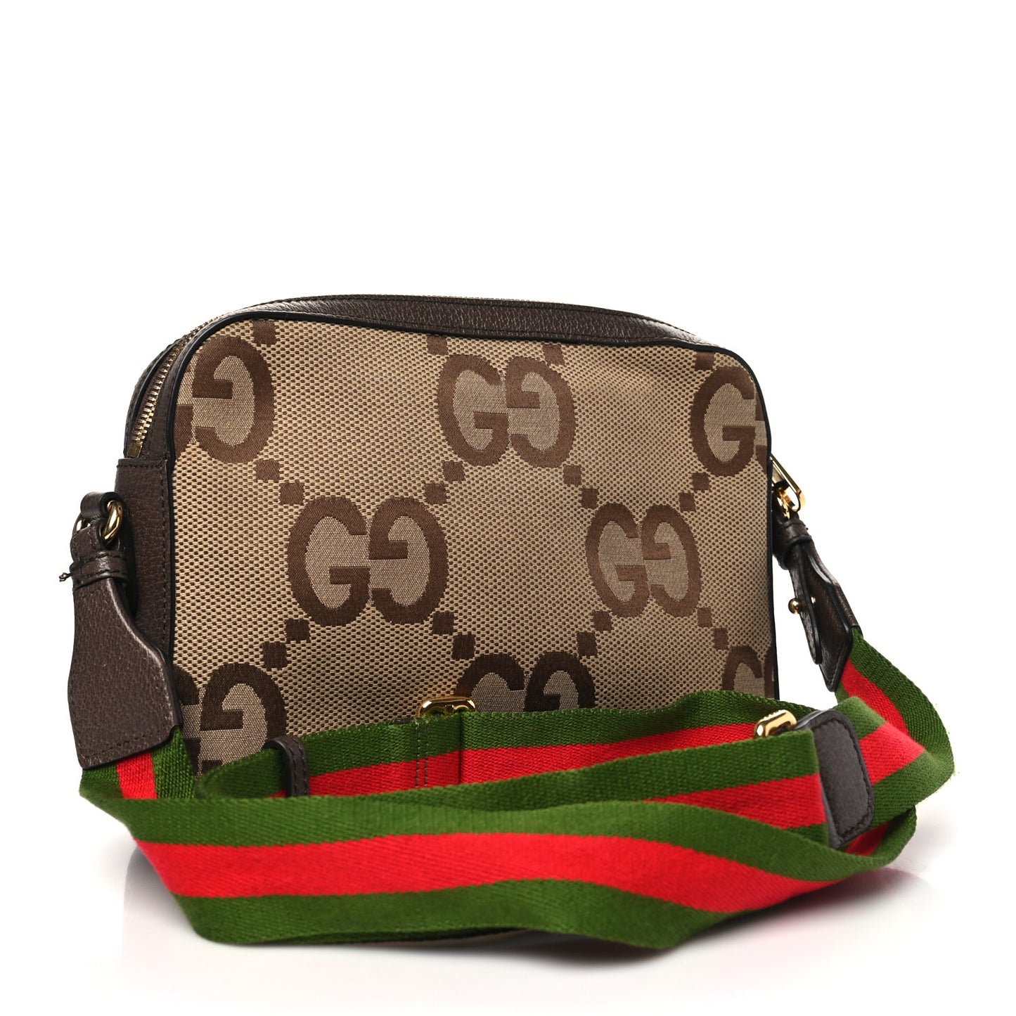 Monogram Jumbo GG Textured Dollar Calfskin Web Messenger Shoulder Bag Camel Ebony New Acero