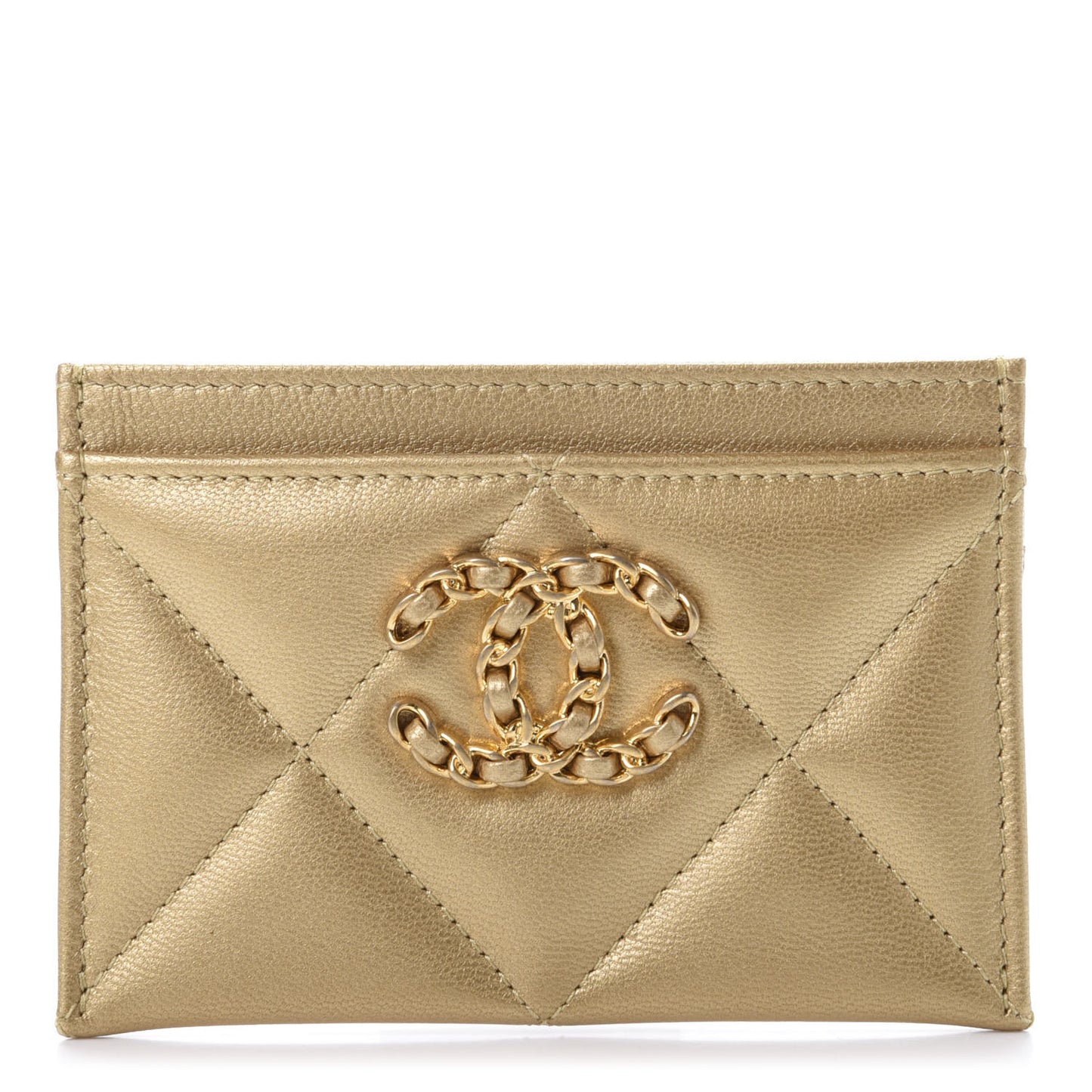 Metallic Goatskin Quilted Chanel 19 Card Holder Gold