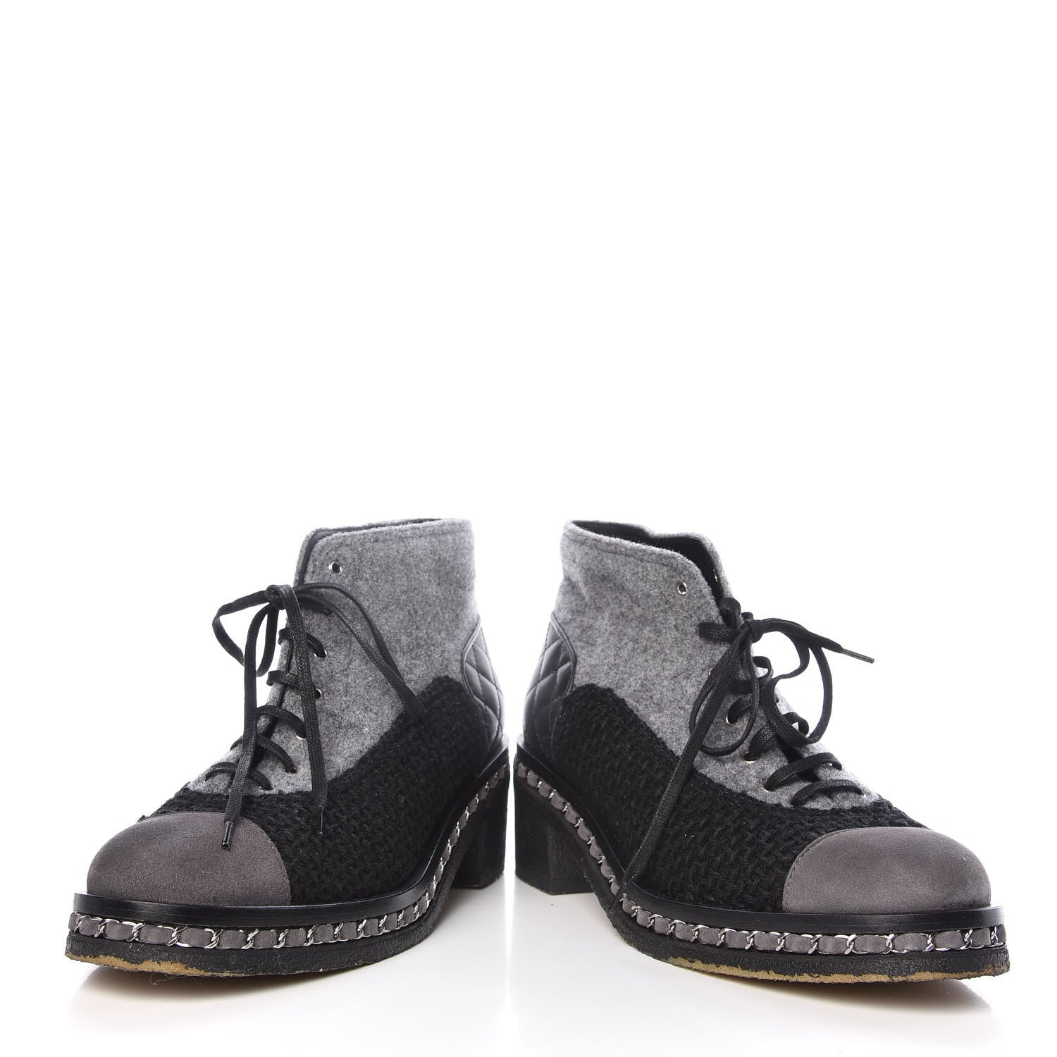Chanel Wool Calfskin Tweed Lace Up Boots 42 Grey Black 6 of 15