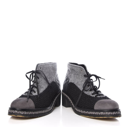 Chanel Wool Calfskin Tweed Lace Up Boots 42 Grey Black 6 of 15