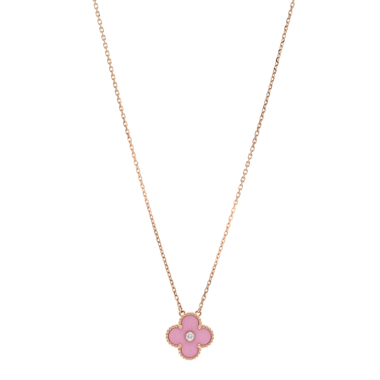 Van Cleef & Arpels 18K Rose Gold Diamond Pink Porcelain Vintage Alhambra Pendant Necklace 1 of 6