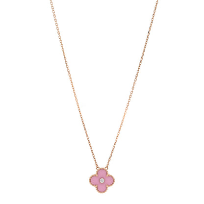 Van Cleef & Arpels 18K Rose Gold Diamond Pink Porcelain Vintage Alhambra Pendant Necklace 1 of 6