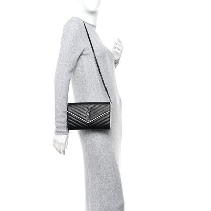 Saint Laurent Grain De Poudre Matelasse Chevron Monogram Chain Wallet Black White 2 of 9