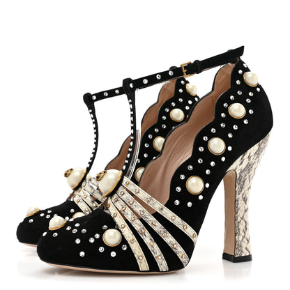 Gucci Suede Snakeskin Pearl Studded Ofelia Pumps 37 Black 3 of 11