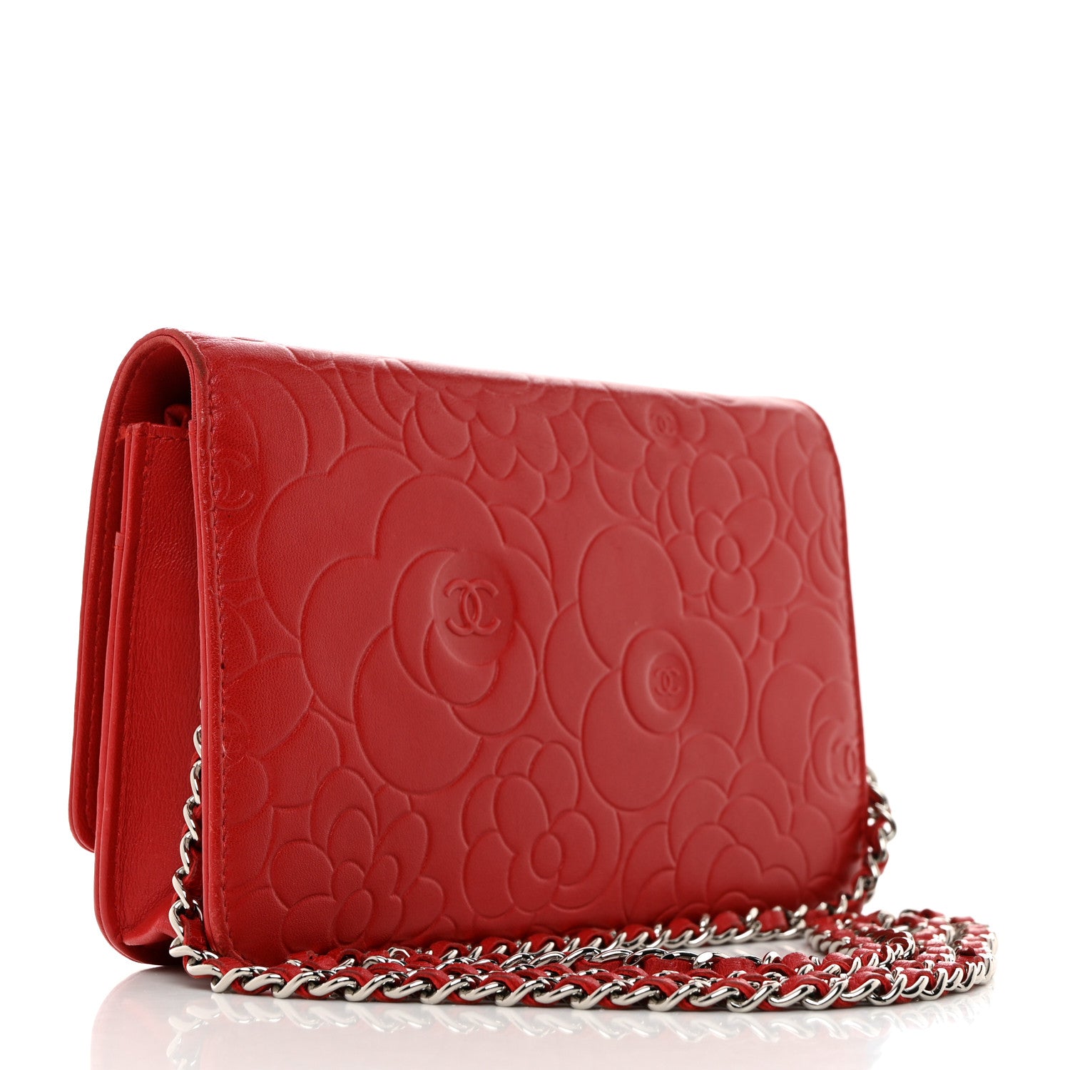 Chanel Lambskin Camellia Embossed Wallet On Chain WOC Red 2 of 16