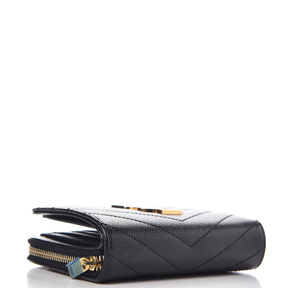 Saint Laurent Grain De Poudre Matelasse Chevron Monogram Compact Zip Around Wallet Black 4 of 7