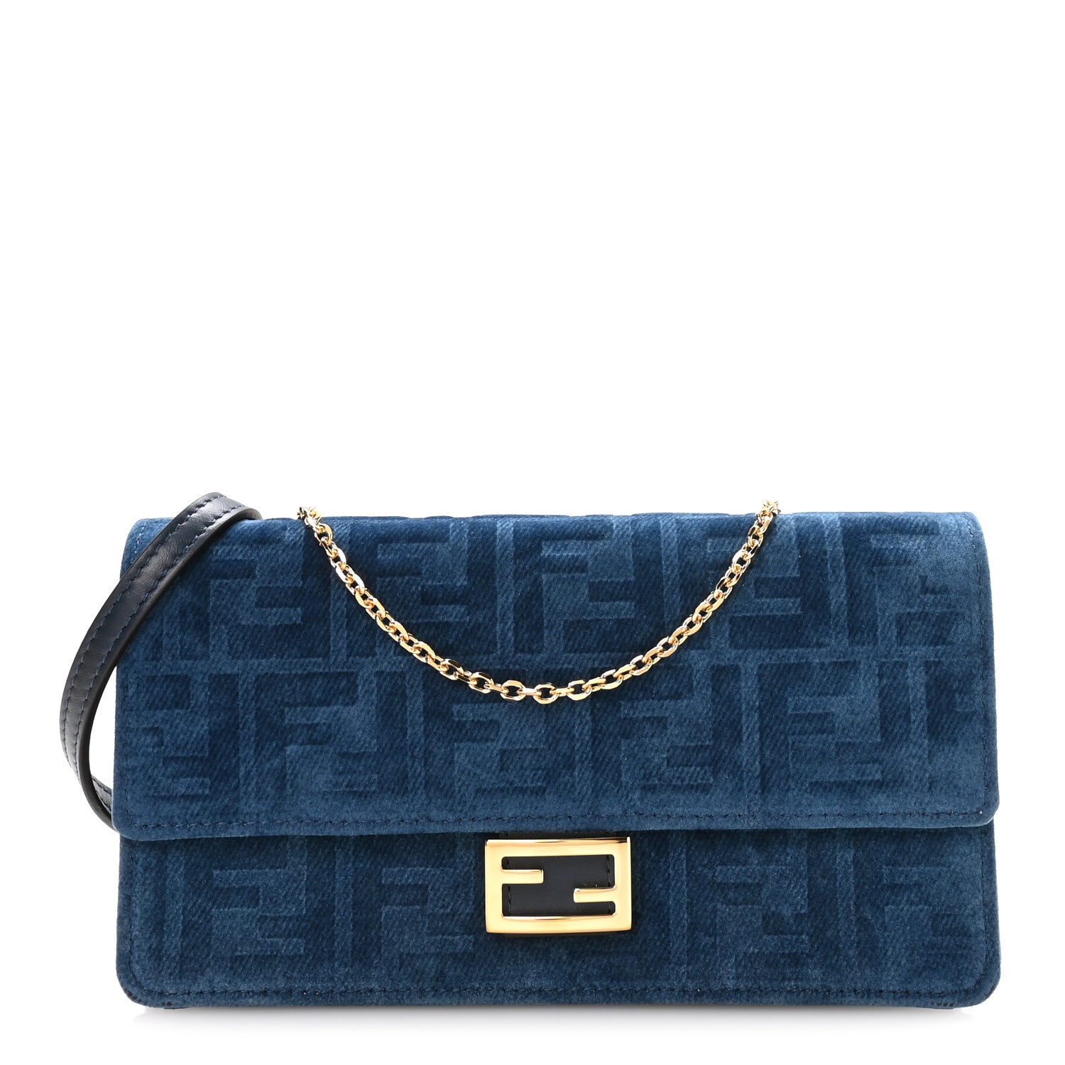 Fendi Flocked Denim FF Wallet On Chain Baguette Blue Abyss 1 of 10