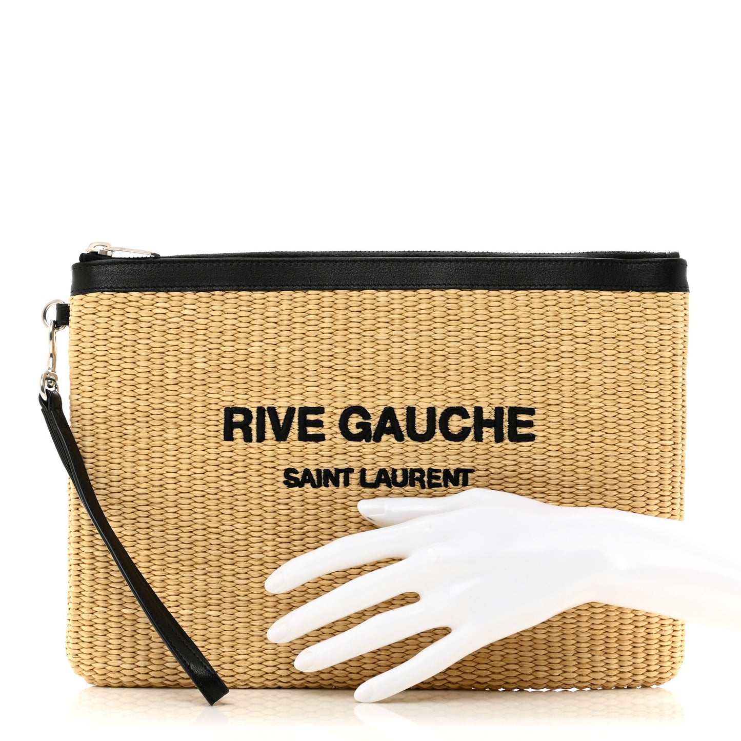 Raffia Calfskin Rive Gauche Zipped Pouch Naturale Black