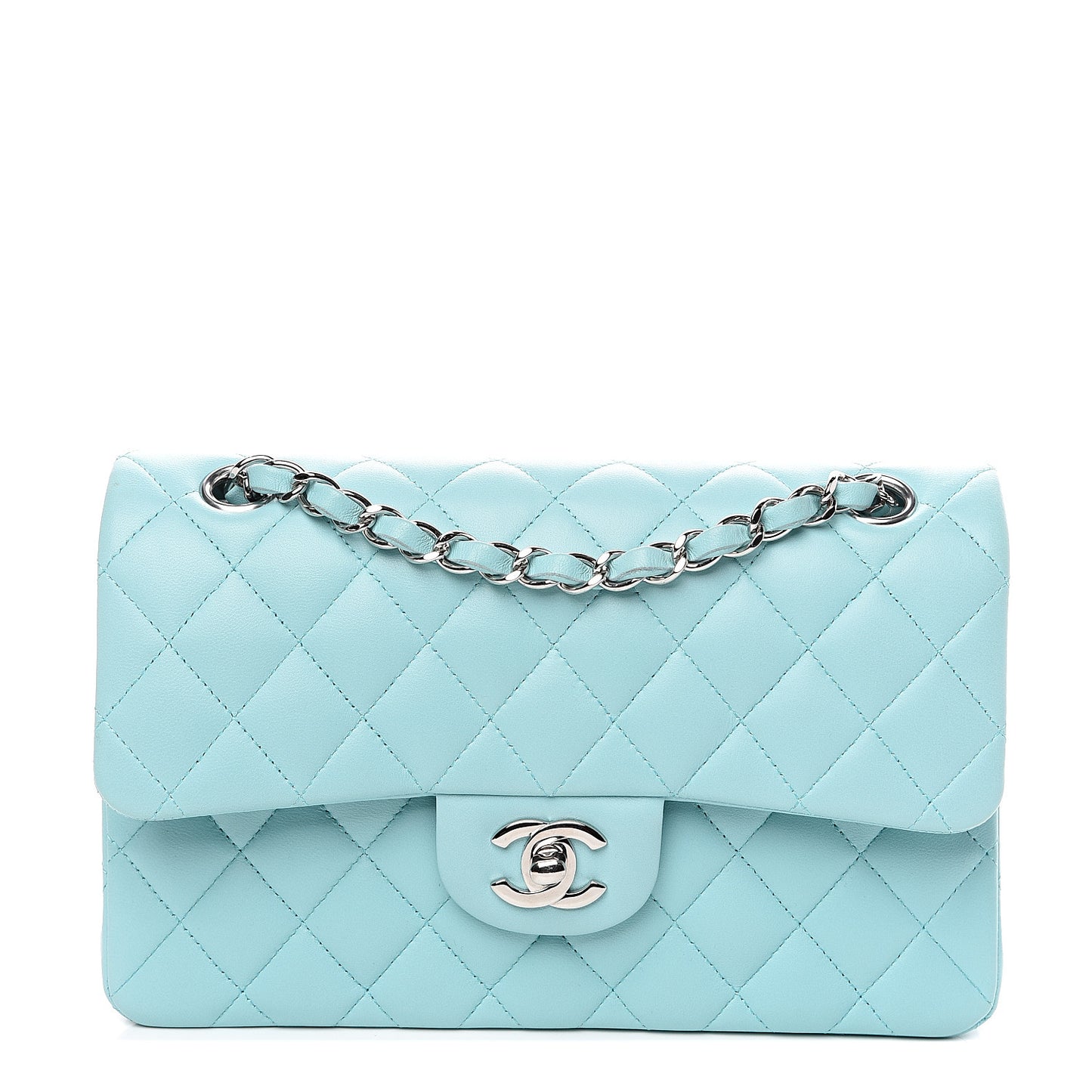 Lambskin Quilted Small Double Flap Light Blue