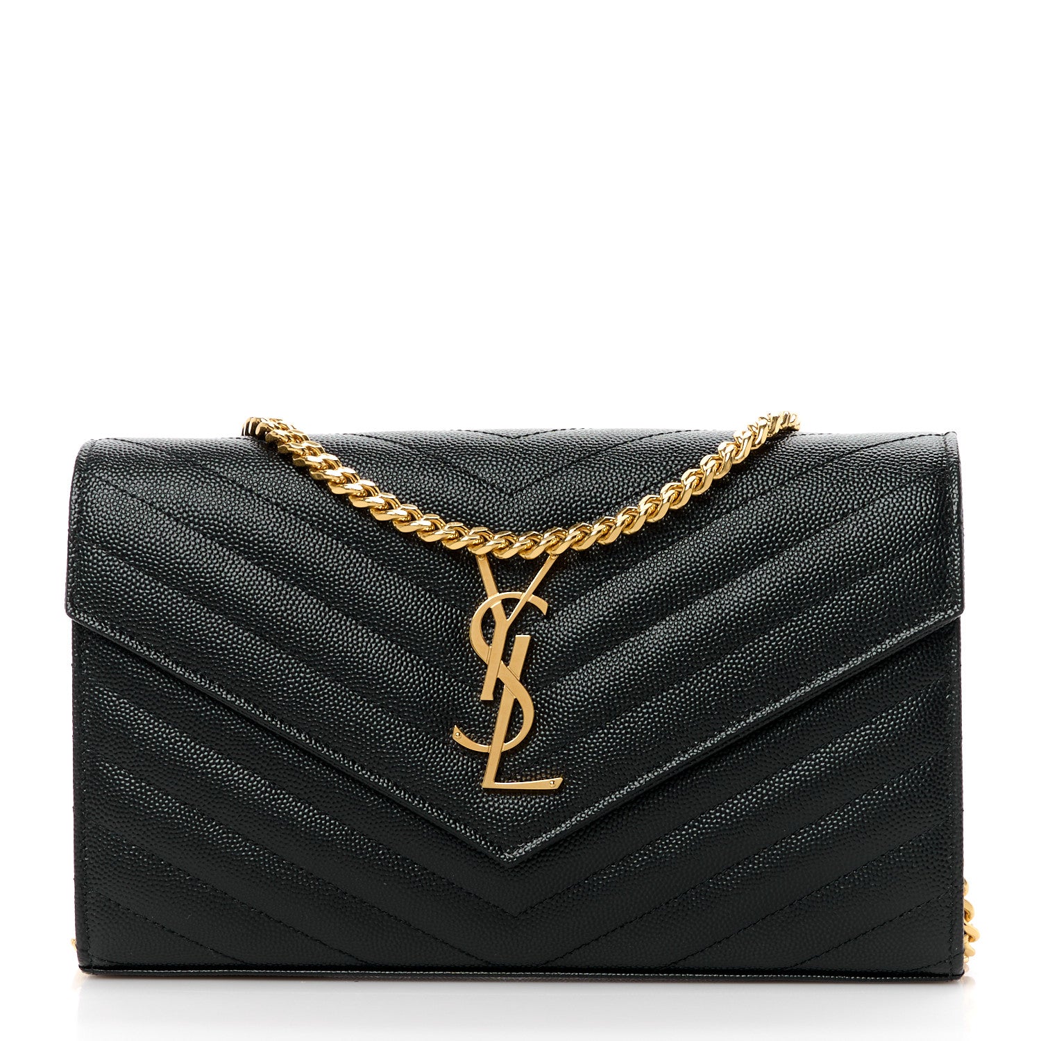 Saint Laurent Grain De Poudre Matelasse Chevron Monogram Chain Wallet Black 1 of 9