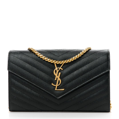 Saint Laurent Grain De Poudre Matelasse Chevron Monogram Chain Wallet Black 1 of 9