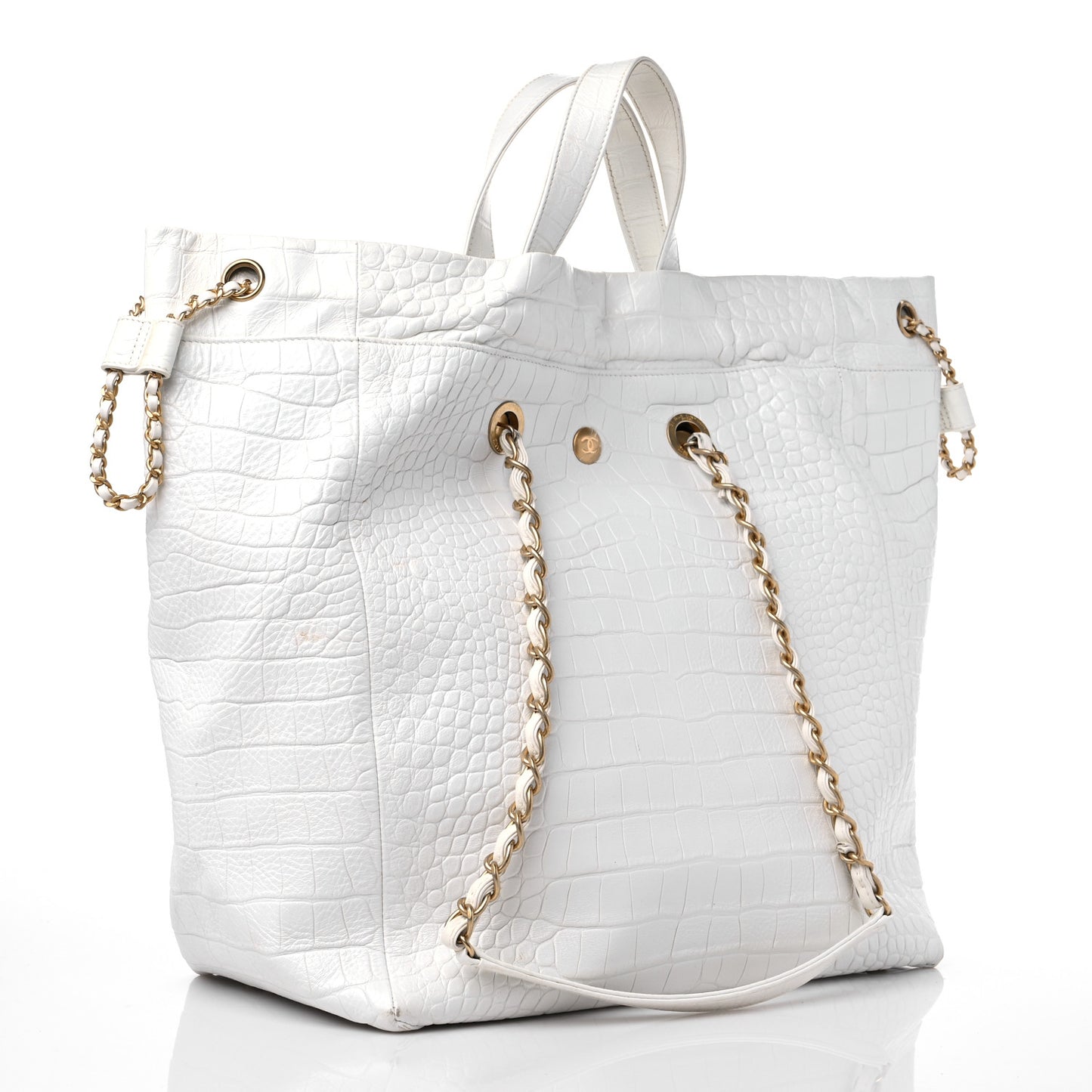 Calfskin Crocodile Embossed Cocodile Shopping Tote White