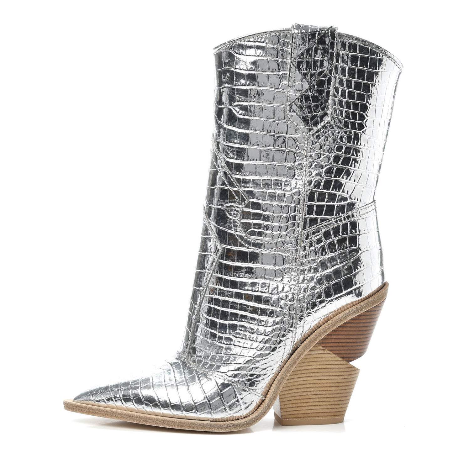 Metallic Calfskin Crocodile Embossed Cutwalk Ankle Boots 38.5 Silver